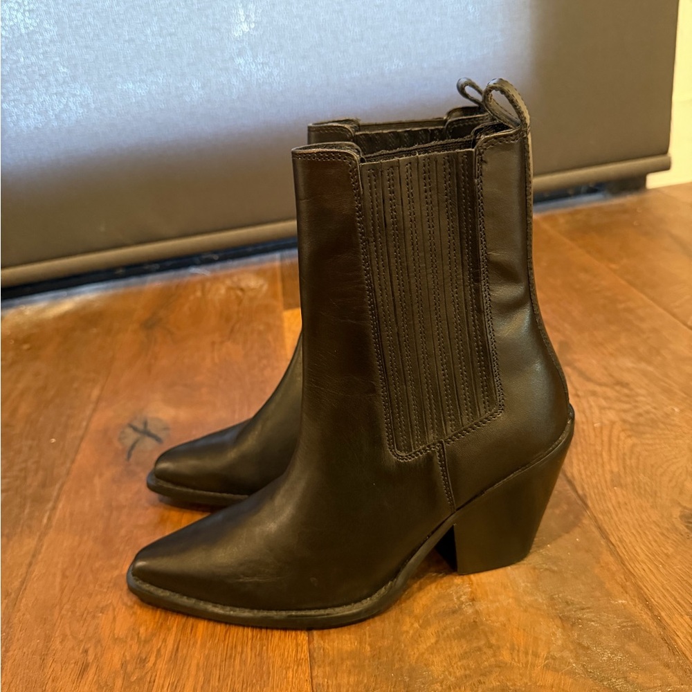 Mango Genuine Leather Black Ankle Cowboy Bootie